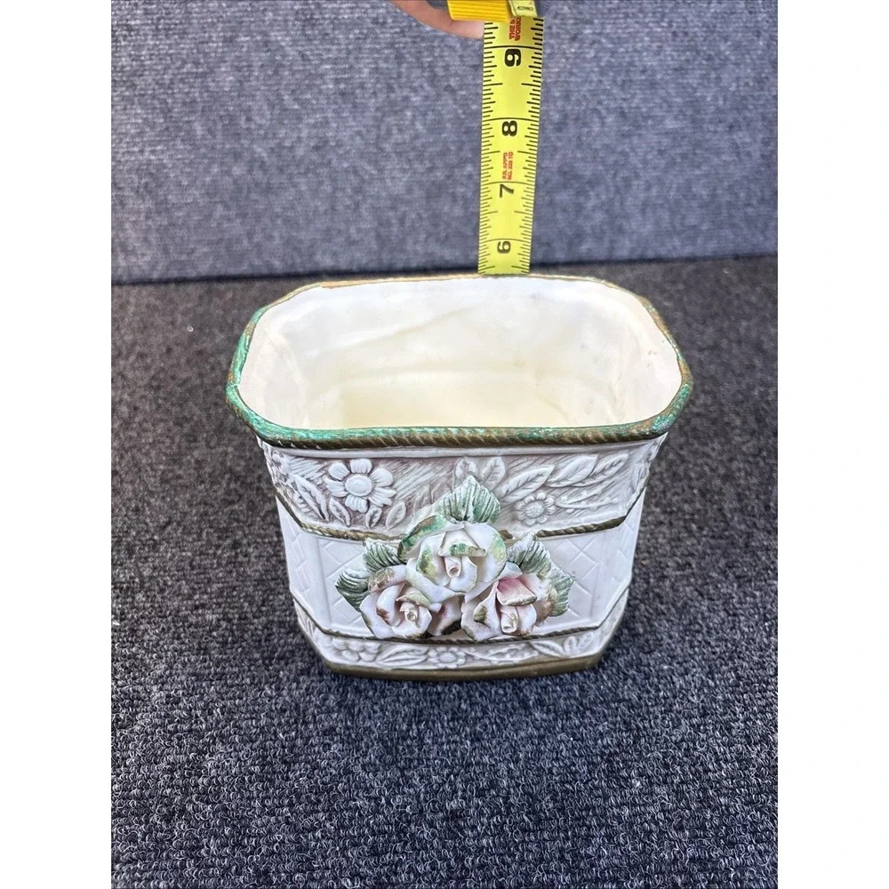 Vtg~Victorian Porcelain Basket Planter/Vase~Roses/Gold